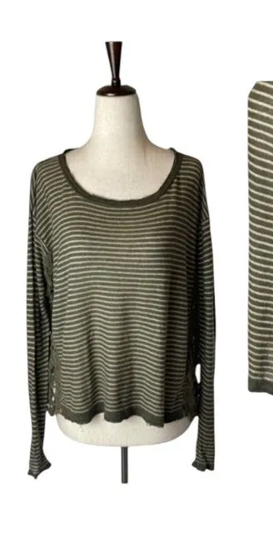 Free People Olive Green Stripe Crochet Sides Linen Blend Long Sleeve Top Size XS thumbnail 1