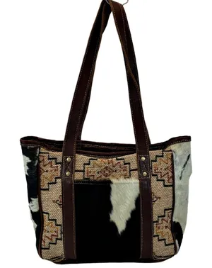 Myra Bag Beautiful Cow Hide Pocket Southwest Aztec Design Tote Bag Boho Western thumbnail 1