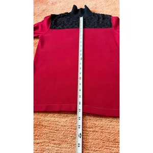 August Silk Heritage Sweater Red Black Velvet Mesh Mock Neck M thumbnail 6