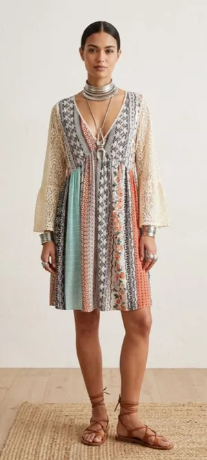 Kori America Patchwork Boho Dress Lace Sleeve Floral Mix Print V-Neck Sz L S7003 thumbnail 1