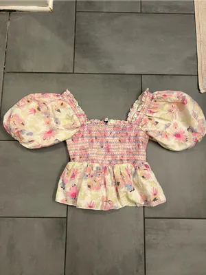 Anthropologie Something Navy Smocked Peplum Top | White Floral thumbnail 2