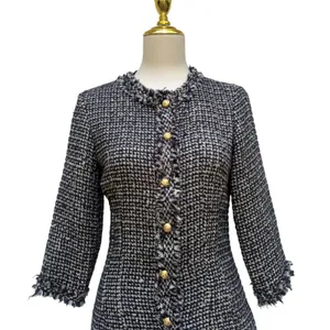 Zara‎ Tweed Mini Dress Size M Black Blue Gold Button Frayed Trim Classic Preppy thumbnail 2
