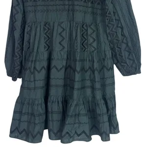 Zara Boho Oversized Embroidered Long Sleeve Mini Dress Tassel V Neck XS Green thumbnail 8
