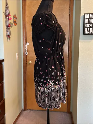Free People black floral and paisley print tunic dress beaded embroidered size L thumbnail 2