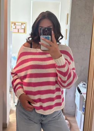 American Eagle Pink And White Striped Off The Shoulder Sweater thumbnail 1