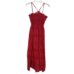 Women's Handkerchief Print Smocked Red Maxi Dress Size S/M thumbnail 10