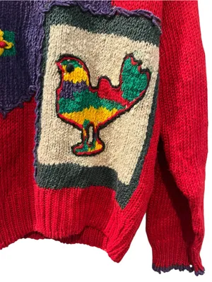 VTG Counterparts Hand Knit Bird Novelty Sweater Red Patchwork Folk Art Cotton M thumbnail 5