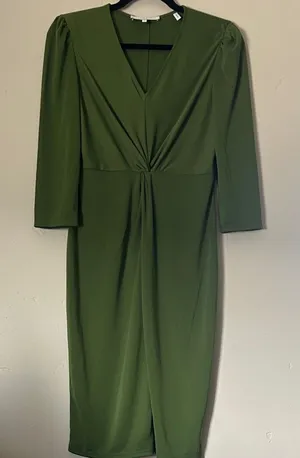 Lark & Ro Olive Green V-Neck Twist Midi Dress Sz Small thumbnail 1