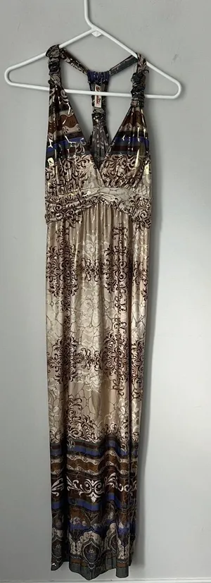 Shoreline Y2K Metallic Baroque Maxi Dress S/M ^ thumbnail 1