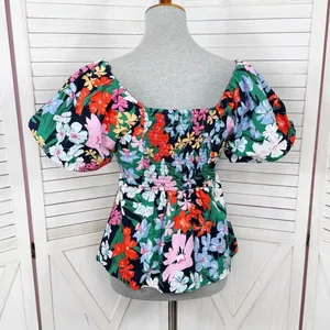 Old Navy Floral Puff Sleeve Peplum Flared Hem V‎ Neck Top Shirt Blue Multi Small thumbnail 5
