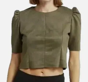 Tahari Faux Leather Suede Puff Sleeve Cropped Blouse Olive Short Sleeve Zip LRG thumbnail 1