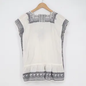 World Market White Navy Blue Embroidered Cotton Peasant Blouse Peplum Top S/M thumbnail 6