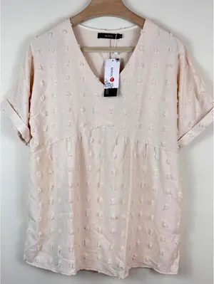 MIROL NWT Swiss Dot Textured V Neck Babydoll Tunic Blouse Pink Large Boho thumbnail 1