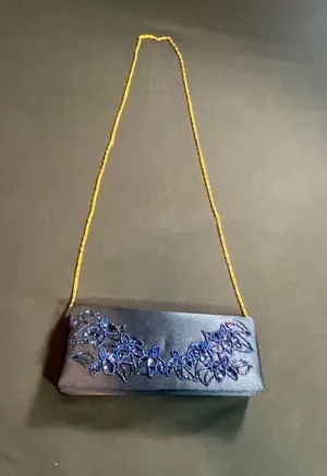 La Regale Blue Iridescent Beaded Satin Evening Clutch Bag with Chain thumbnail 3