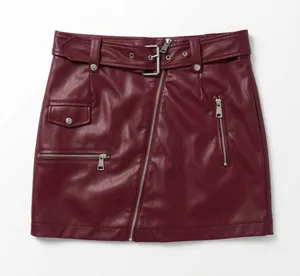 NWT 7 for all Mankind Maroon Faux Leather Moto Punk Buckle Belted Mini Skirt M thumbnail 1