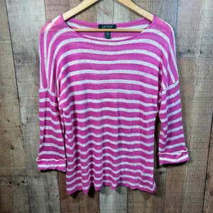 Lauren Ralph Lauren Pink White Striped 100% Linen Knit Sweater Boat Neck Large L thumbnail 2
