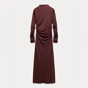 NWT Zara Draped Long Ruched Maxi Dress in Tobacco Brown Size XS thumbnail 9
