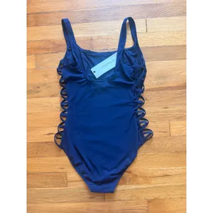Tory Burch One Piece Swimsuit Navy‎ Blue Lattice Side Strappy Size Medium thumbnail 3
