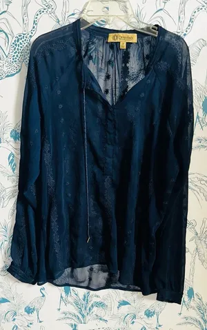 Democracy Navy Blue Sheer Embroidered V-Neck Blouse thumbnail 1