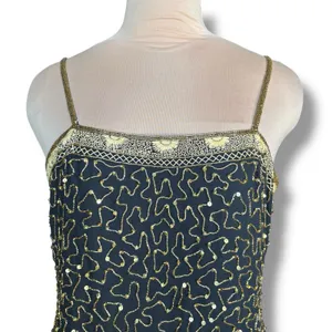 Vintage Beaded Black Gold Drop Waist Metallic Sequin Cocktail Dress Sleeveless 4 thumbnail 4