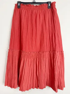 Vintage Coral Red Tiered Maxi Broomstick Crinkle Smocked Y2K Skirt size 12 thumbnail 1