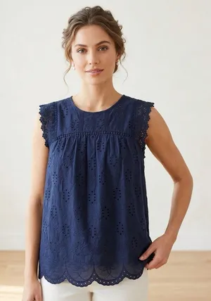 Knox Rose Women’s Boho Navy Eyelet Embroidered Lace Sleeveless Tank Blouse SizeS thumbnail 1