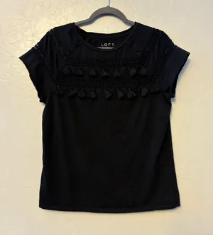 LOFT black short sleeve shirt with crochet and fringe tassel details size medium thumbnail 1