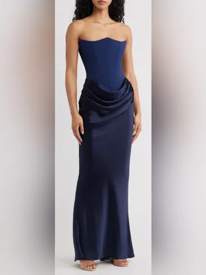 NEW HOUSE OF CB Persephone Strapless Corset Satin & Stretch Crepe navy Gown Sz M thumbnail 2
