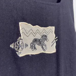 VTG 90s Studio Ease Women Linen Maxi Dress Black Tan Zebra Butterfly Embroidered thumbnail 4