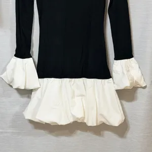 Black Ribbed Long Sleeve Mini Dress White Bubble Hem Ruffle Cuffs XS thumbnail 3