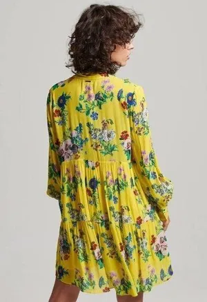 NWOT Superdry Wonens Long Sleeves Ruffled Floral Mini Dress Yellow Size 12 thumbnail 1