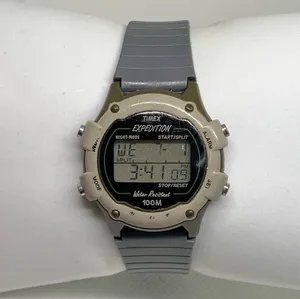 Vintage Timex Expedition Watch 33mm 100MWR gray plastic band running thumbnail 1