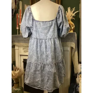 Denim by Flying Tomato Acid Wash Puff Sleeve Tiered Babydoll Mini Dress L AD2228 thumbnail 2