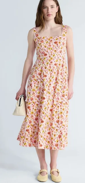 NWT Floral Square-Neck Midi Dress in Pink thumbnail 1