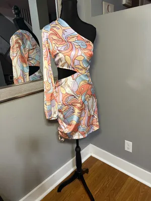 Hello Molly Listen To My Heart Groovy Satin Retro Swirl Dress Size XS. thumbnail 3
