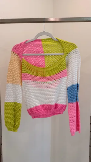 Womens Colorblock Open Knit Pullover Sweater Crew Neck Long Sleeve S thumbnail 2