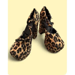 Too Sexy Leopard Print Faux Fur Platform Block Heels Ankle Strap Pumps 7.5 thumbnail 2