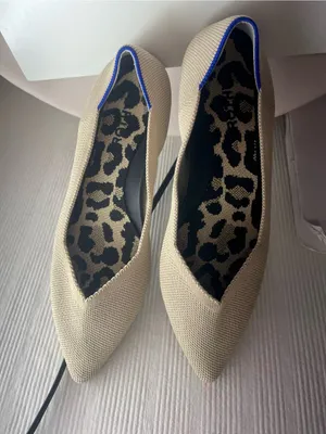 Rothy's Beige Pointed Knit Flats with Royal Blue Piping thumbnail 9