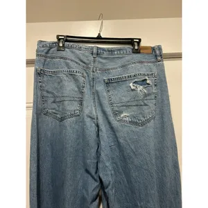 American Eagle Super High Rise Baggy Wide Leg Jeans Blue Raw Hem Size 12 Regular thumbnail 3