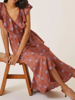 Anthropologie Ruffle-Sleeve Printed-Wrap Rust Midi Dress with Blue Floral Print thumbnail 1