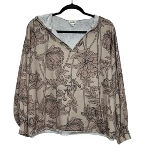 BiBi Floral Hoodie Top Taupe Lightweight Pullover Small Boho Casual thumbnail 1