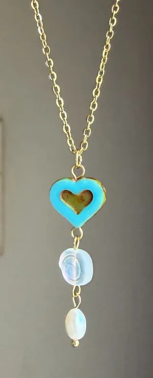 Handmade Czech glass beads & freshwater pearl gold tone stainless necklace🍃🌀🩵 thumbnail 1