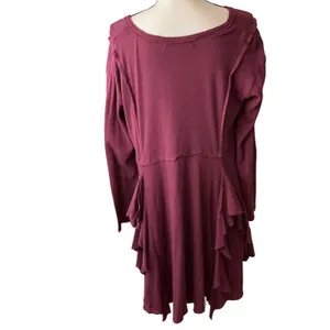 Free People Beach Womens Small Ruffle Tunic Top Long Sleeve Berry Wine V-Neck thumbnail 3