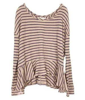 Free People We The Free Tan Striped Raw Hem Ruffle Hem Shirt Sz L thumbnail 1