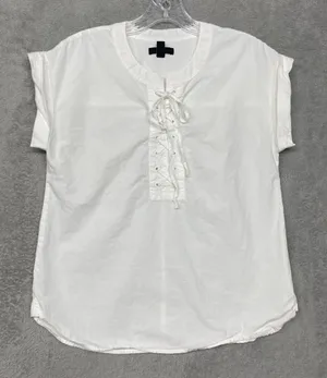 J Crew Womens 0 White Cotton Cap‎ Sleeve Lace Up Pullover Preppy Blouse Shirt thumbnail 1