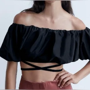 ZARA Off-the-Shoulder Puff Sleeve Criss‎ Cross Self Tie Crop Top in Black Medium thumbnail 1