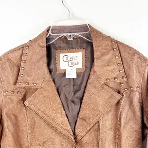 CRIPPLE CREEK Brown 100% Genuine Leather Studded Zip Pockets Jacket Size Medium thumbnail 6