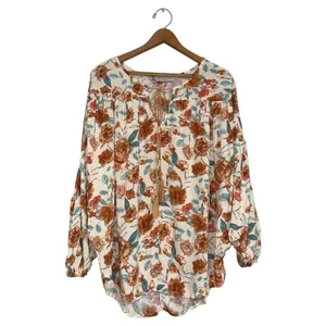 Hayden Los Angeles Floral Tassel Peasant‎ Blouse Rust Teal Boho Oversized Large thumbnail 2