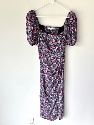 ASTR the Label Teal Purple Floral Puff Sleeve Midi Dress Ruched Slit Prairie thumbnail 3