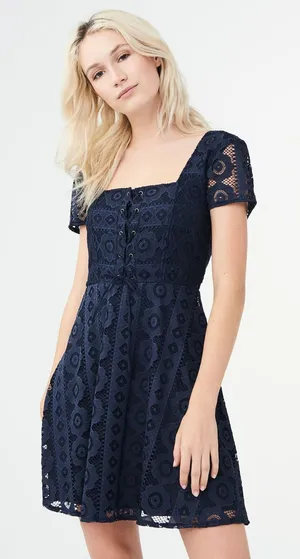 Aeropostale Navy Lace Corset Dress Fit‎ Flare Square Neck Coquette Mini M NWT thumbnail 1